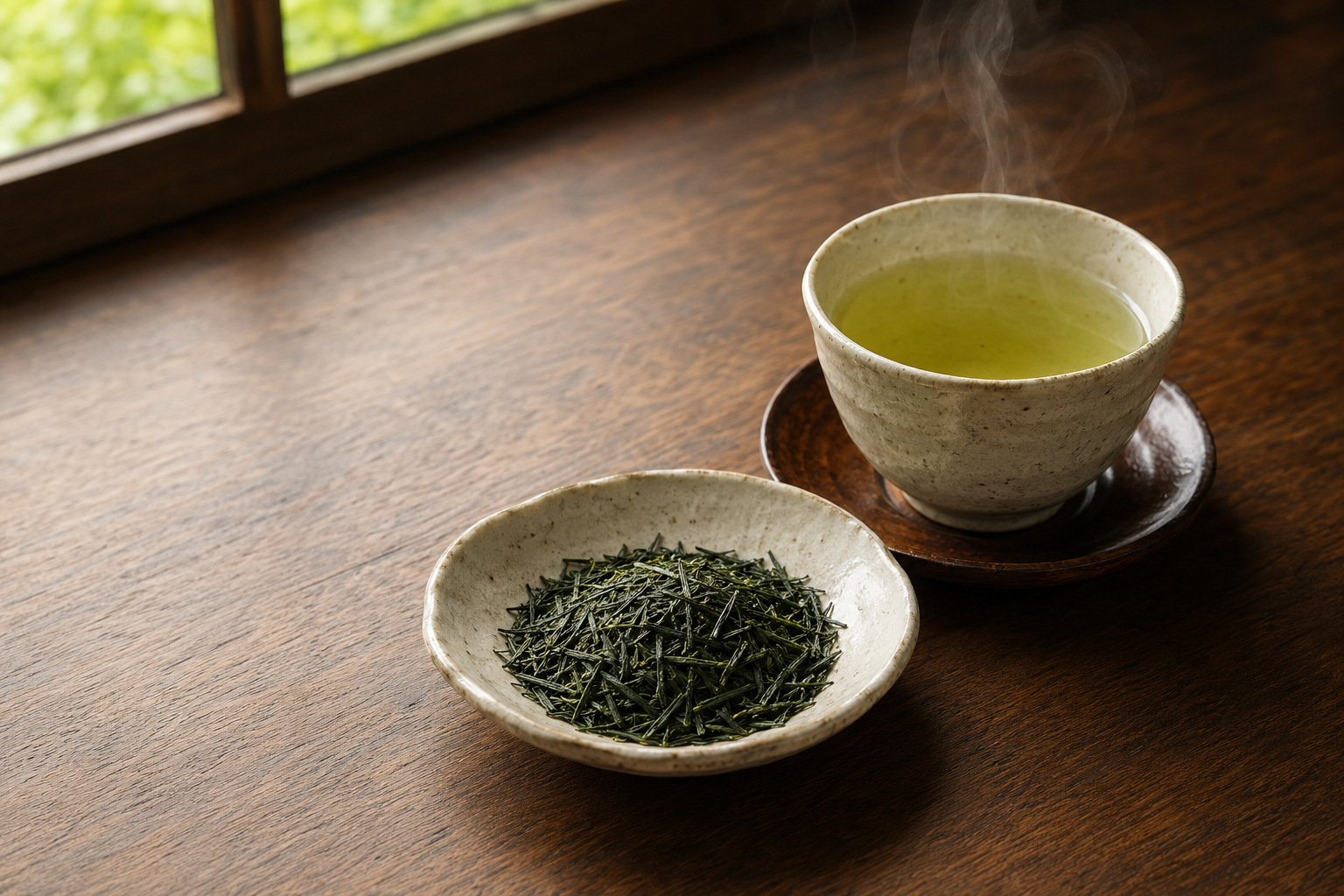 Japanese Sencha leaves and a steaming cup of green tea